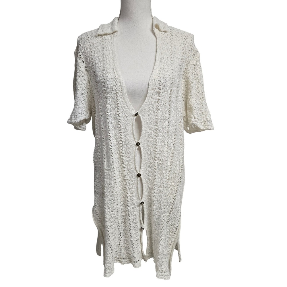 Free People Crochet Knit Button Front Cardigan Top Beach Cream Women's Size L